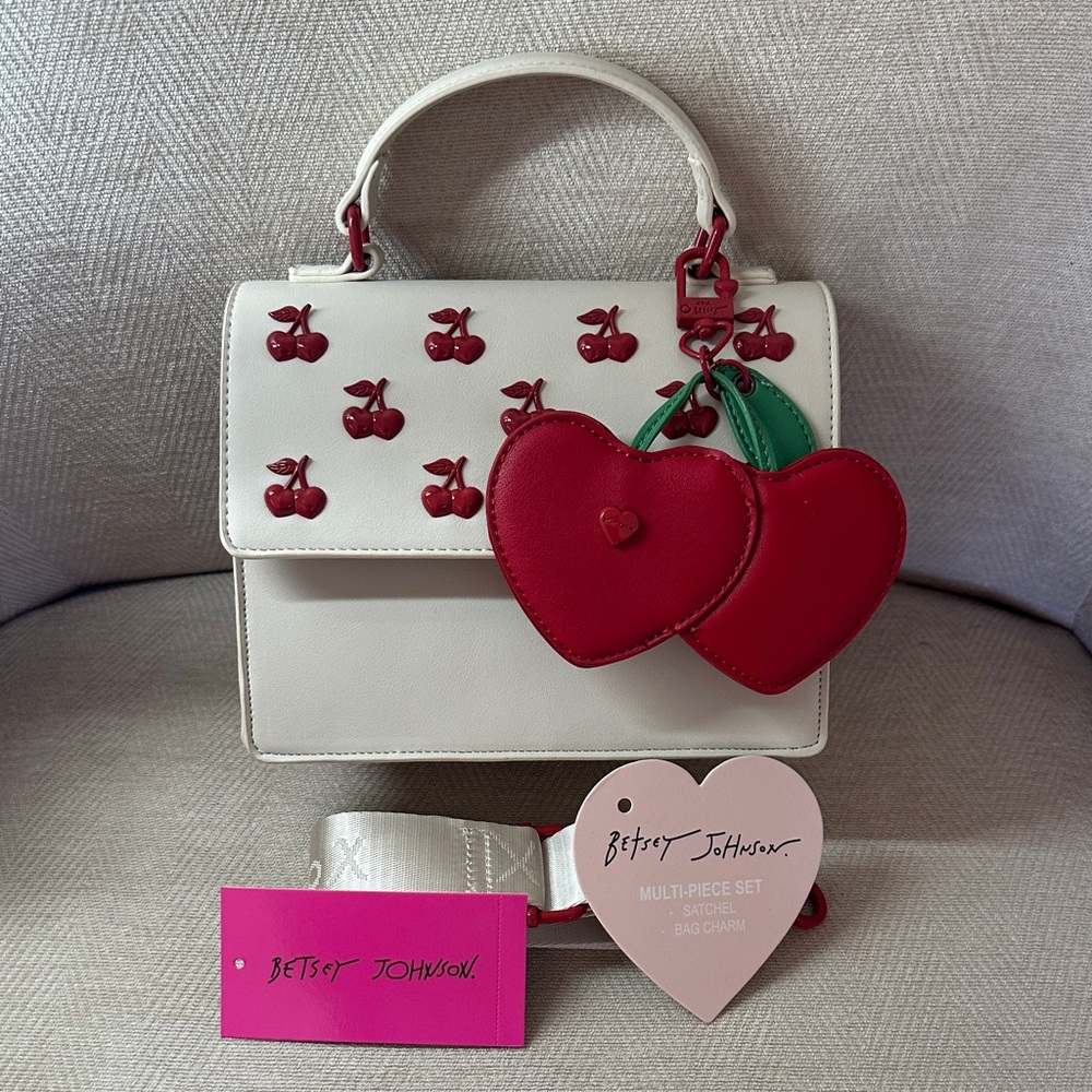 Betsy Johnson Cherry Embellished Cream and Red Handbag with Shoulder strap - Picture 15 of 15